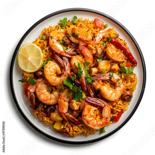 Delicious shrimp paella garnished with fresh herbs and lemon