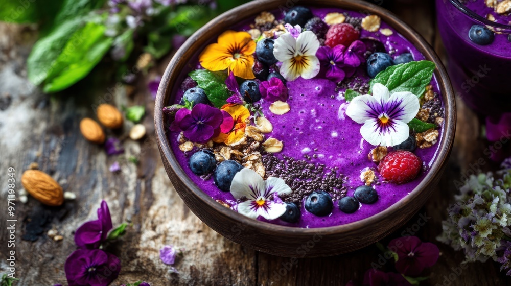 A vibrant purple smoothie bowl topped with fresh fruit, nuts, and edible flowers on a rustic wooden table A vibrant purple smoothie bowl topped with fresh fruit, nuts, and edible flowers on a rustic wooden table