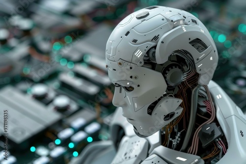 White humanoid robot analyzing data on a motherboard, concept of artificial intelligence