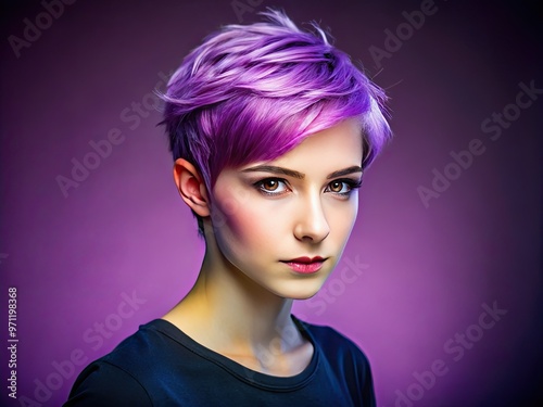 Vibrant purple hair, styled in a bold, ultra-short pixie cut, adds a playful pop of color to a confident and adventurous young adult's identity.