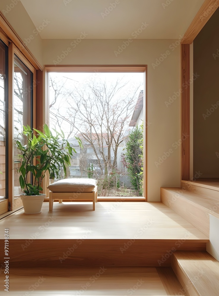 Fototapeta premium Minimalist Interior Design with Wooden Flooring and Large Window