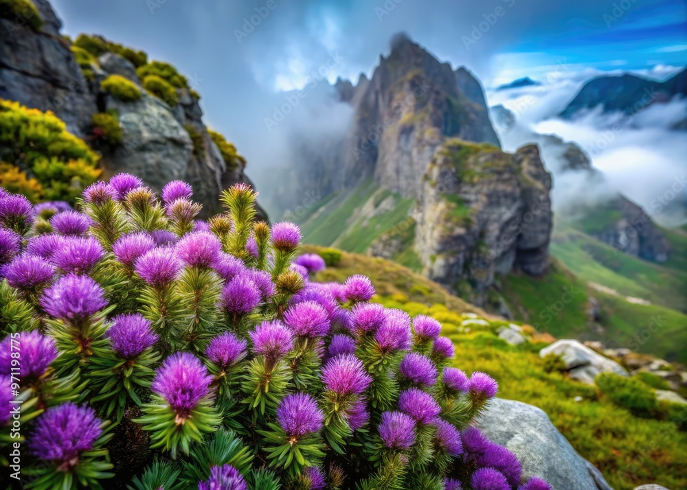 Vibrant purple mountain fetterbush flowers bloom amidst lush green foliage, surrounded by rugged rocky outcroppings and misty fog, in a serene alpine landscape. Vibrant purple mountain fetterbush flowers bloom amidst lush green foliage, surrounded by rugged rocky outcroppings and misty fog, in a serene alpine landscape.