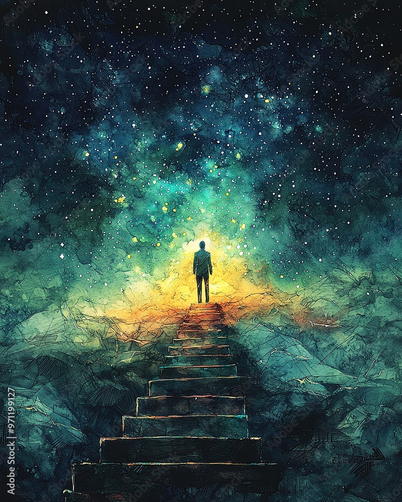 A figure stands at the top of stairs, gazing into a vibrant cosmic landscape filled with stars and colorful nebulae. A figure stands at the top of stairs, gazing into a vibrant cosmic landscape filled with stars and colorful nebulae.