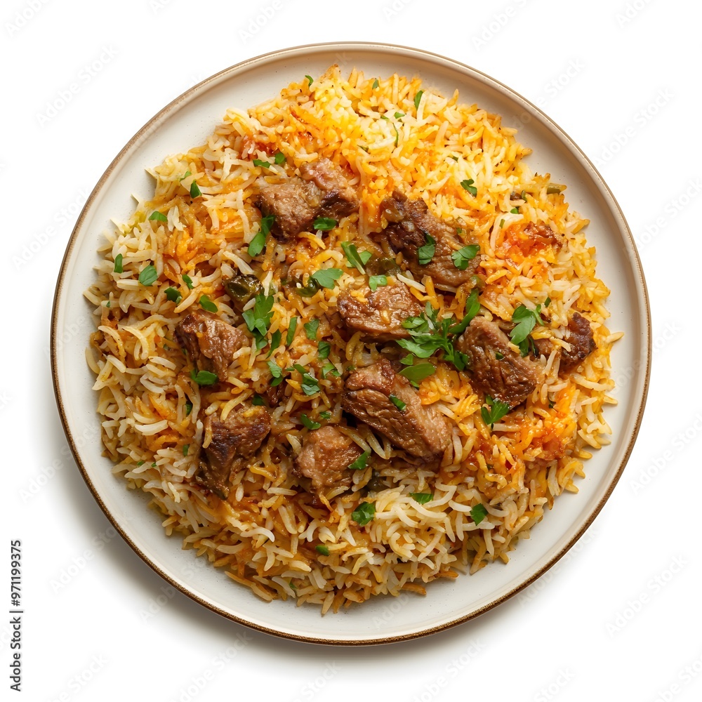 Delicious lamb biryani garnished with fresh cilantro in a white plate Delicious lamb biryani garnished with fresh cilantro in a white plate