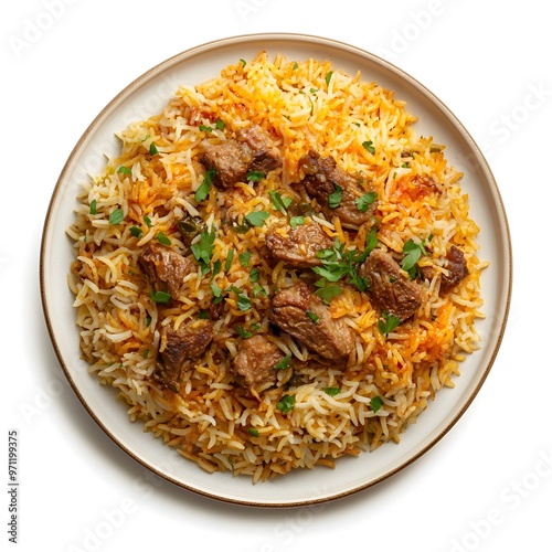 Delicious lamb biryani garnished with fresh cilantro in a white plate