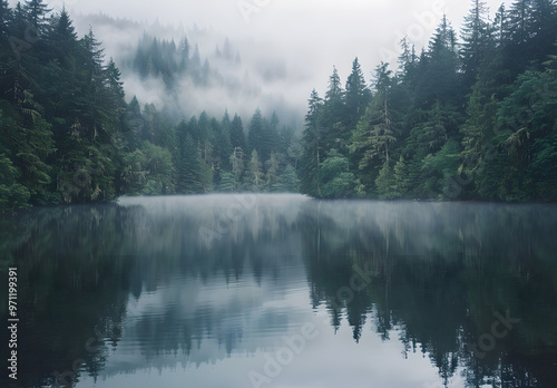 Mountains in the fog and boats on the lake