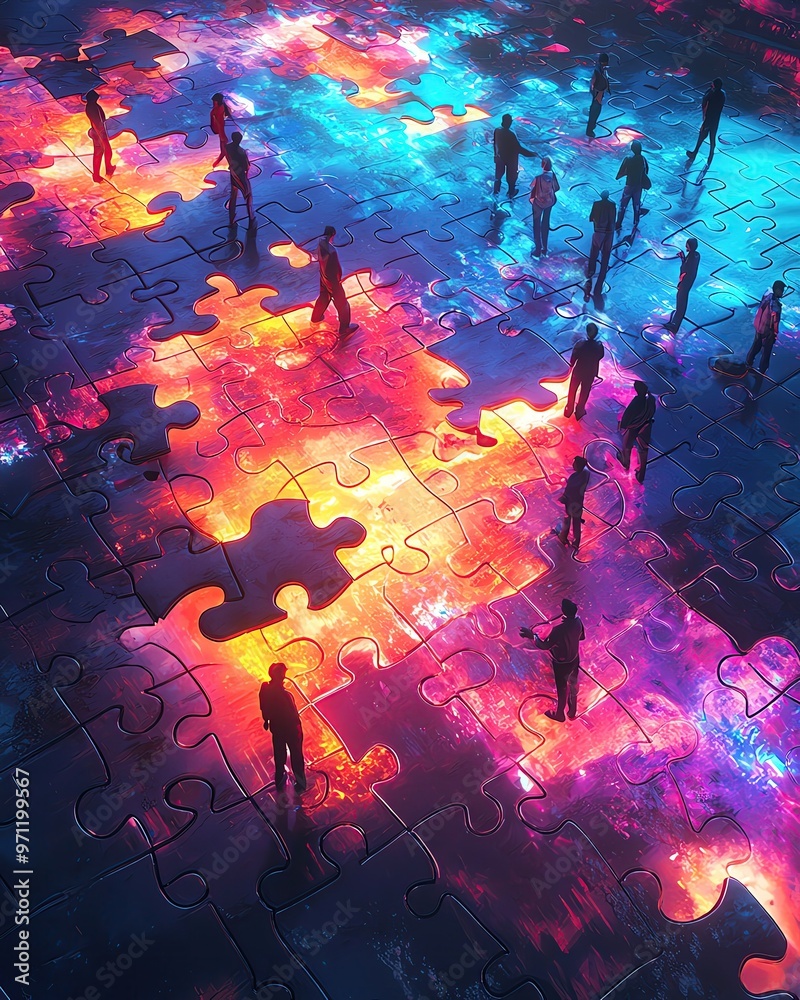 Surreal scene of people standing on a vibrant, colorful puzzle, symbolizing connection and collaboration in a digital world. Surreal scene of people standing on a vibrant, colorful puzzle, symbolizing connection and collaboration in a digital world.