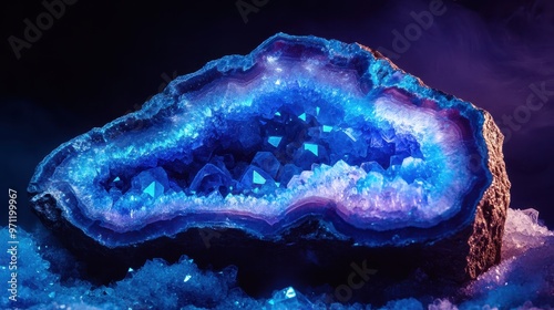 Sliced crystal geode, revealing layers of sparkling crystals with neon light accents, sci-fi style, deep blues and purples.