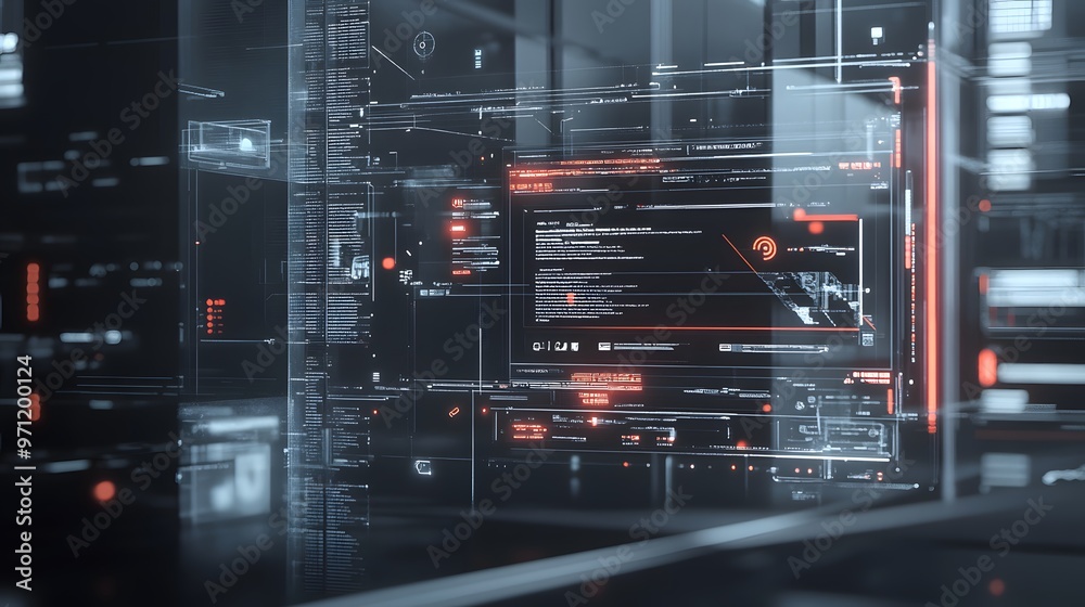 Obraz premium Transparent tech interfaces layered over a muted backdrop with clean lines