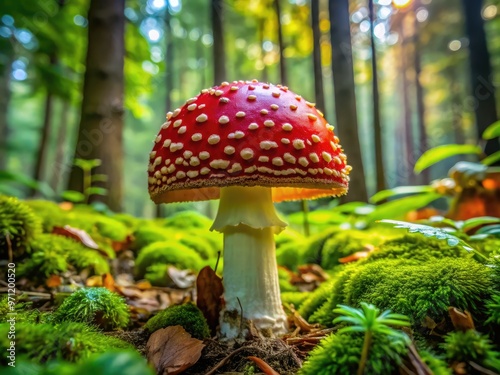 Vibrant red capped mushroom with white spots grows amidst lush green forest floor foliage, radiating an otherworldly aura of mystique and ancient wisdom.