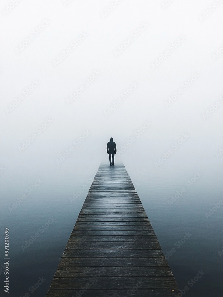 Obraz premium Persona solitaria caminando hacia el horizonte en un muelle de madera en medio de la niebla