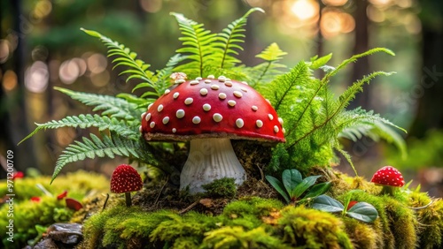 Vibrant red cap with white spots adorns a whimsical arrangement of moss, ferns, and twigs, evoking an enchanted forest's mystical charm and ancient wisdom.