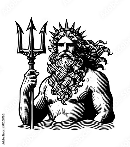 poseidon engraving black and white outline