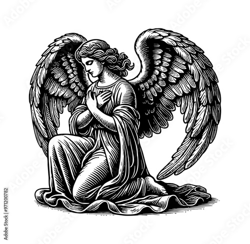 woman angel kneeling engraving black and white outline