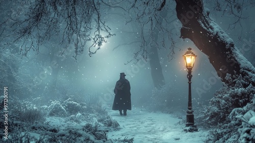 Scrooge with candlestick in forest at night. photo