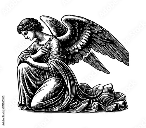 woman angel kneeling engraving black and white outline