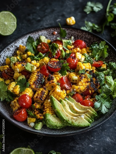 A vibrant salad featuring grilled corn, cherry tomatoes, avocado, and cilantro.