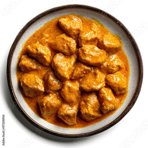 Delicious butter chicken curry in rich spiced sauce on ceramic plate photo