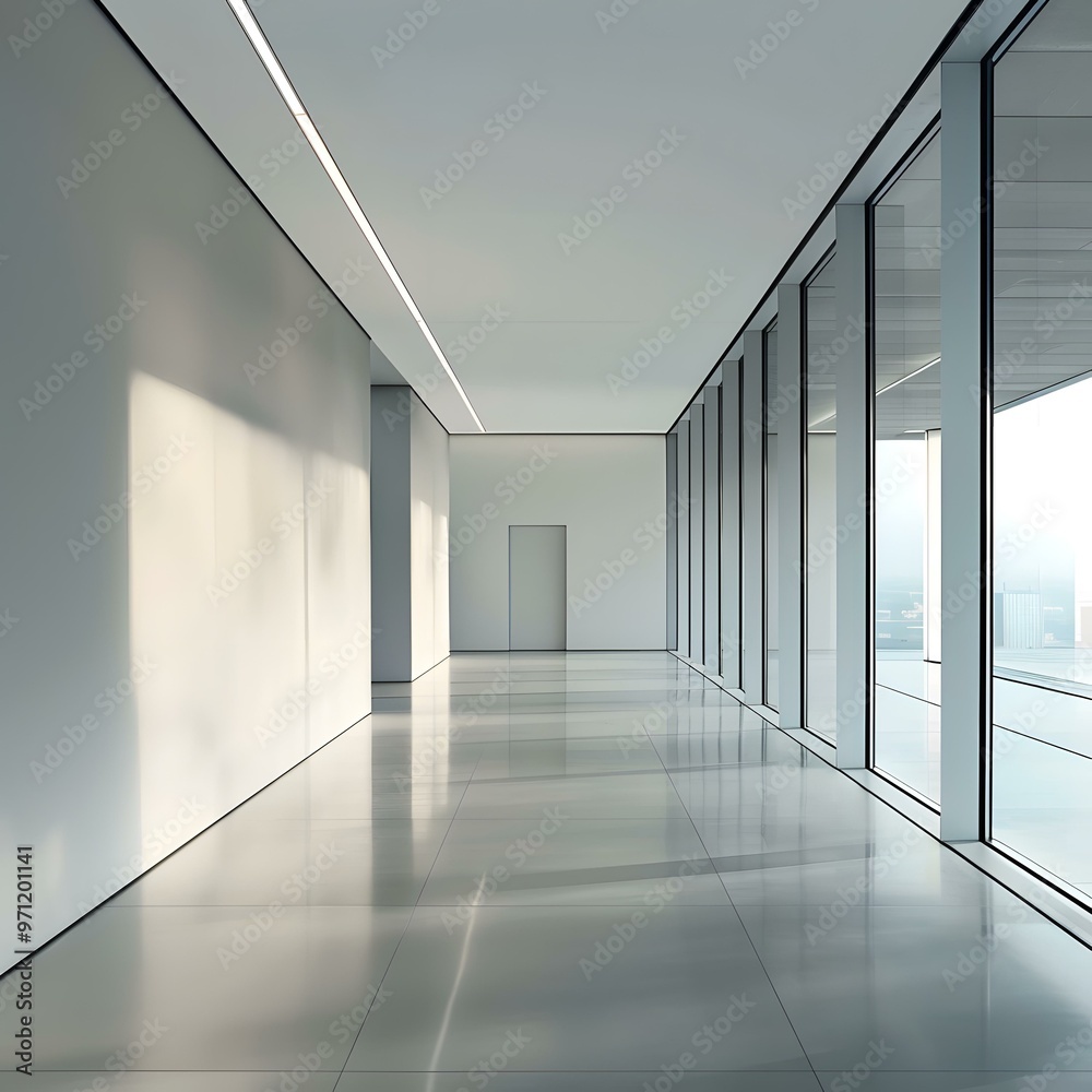 Fototapeta premium Minimalist Modern Office Corridor Interior Design With Large Windows