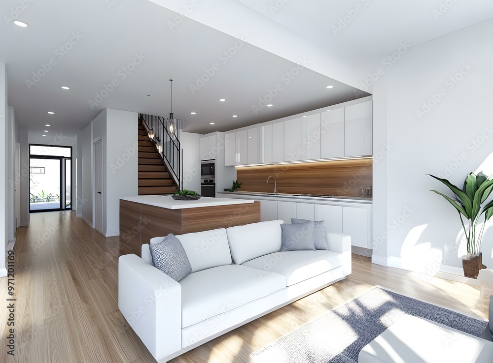 Fototapeta premium Modern Home Interior Design with White Sofa and Kitchen Island