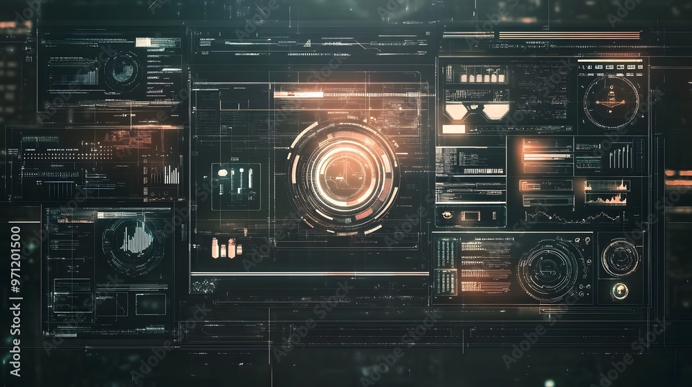 Fototapeta premium Transparent tech interfaces layered over a muted backdrop with clean lines