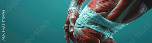 A close-up view of human muscles, revealing complex anatomy and tension covered with medical wrap, ideal for educational use.
