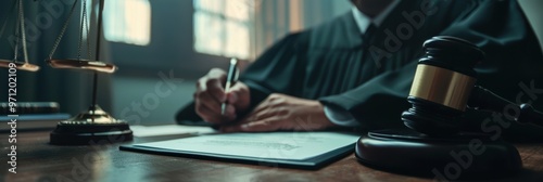 Close-up of a professional bailiff performing duties in a courtroom setting during daytime