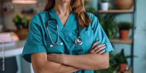 Professional nurse in scrubs crossing arms while standing in a well-lit healthcare environment during the day photo