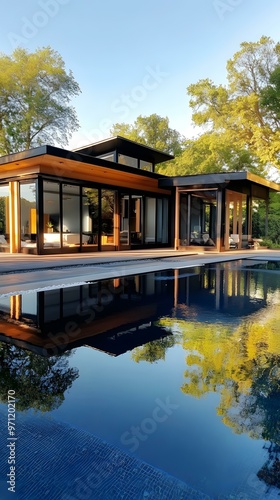 Modern Home With Swimming Pool And Reflecting Trees