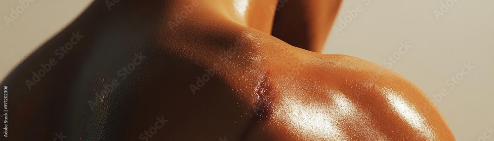 Fototapeta premium Close-up of a sculpted shoulder showcasing smooth skin and subtle highlights in warm lighting.