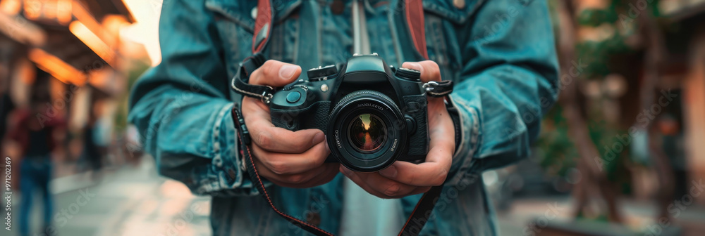 Close-up of a professional influencer engaged in creative work with a camera in an urban setting during golden hour Close-up of a professional influencer engaged in creative work with a camera in an urban setting during golden hour