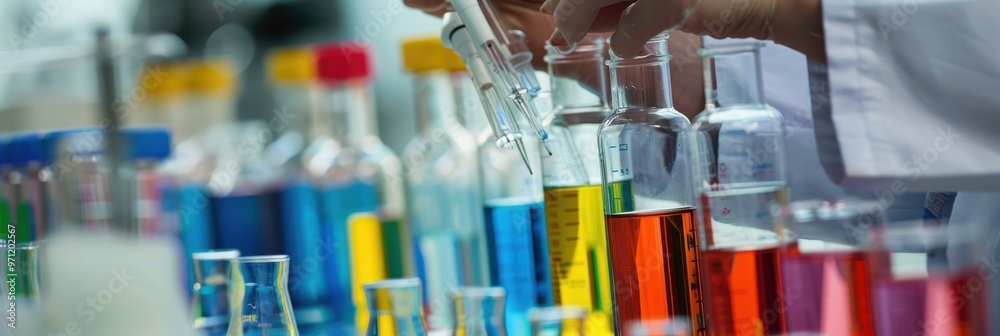 Close-up of a professional biochemist conducting experiments with colorful liquids in a laboratory setting Close-up of a professional biochemist conducting experiments with colorful liquids in a laboratory setting