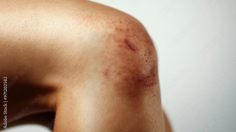 Fototapeta premium A close-up view of a scraped and bruised elbow, depicting the effects of an outdoor activity or accident.