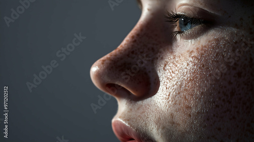 A close-up side profile of a face with freckled skin and a striking blue eye, captured under dramatic lighting that emphasizes skin texture and details. photo