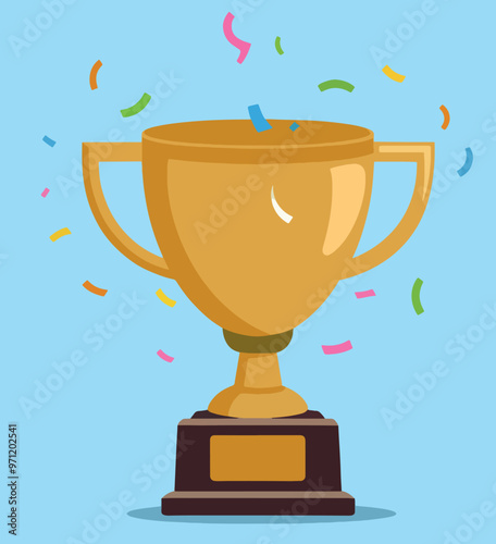 Golden trophy with confetti, business and competition concept.