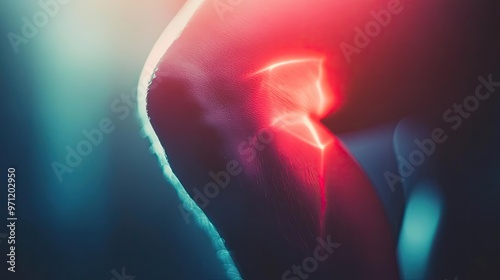 A close-up of a knee with a vibrant light effect, highlighting the joint's structure and showcasing its anatomical beauty.