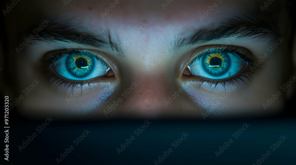 Close-Up of Intense Blue Eyes Staring at a Screen in the Dark Close-Up of Intense Blue Eyes Staring at a Screen in the Dark