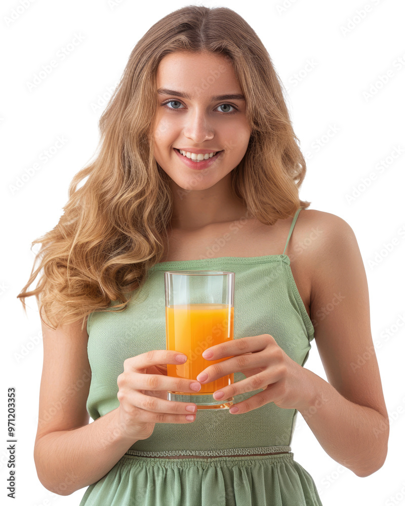 beautiful woman in green dress holding glass of orange juice isolated beautiful woman in green dress holding glass of orange juice isolated