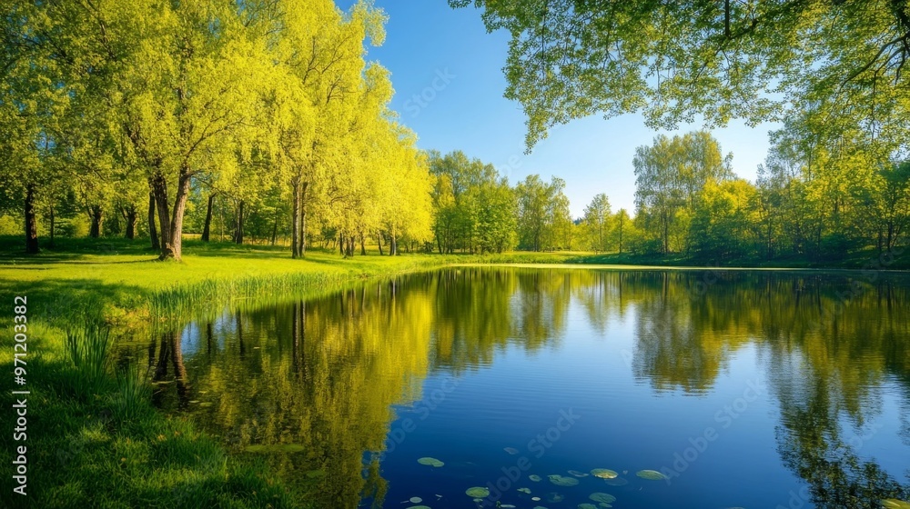 Fototapeta premium Nature's mirror: pond reflects spring park and trees.