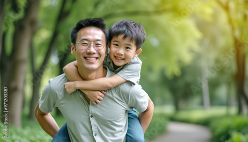 Happy asian father giving son piggyback ride outdoors