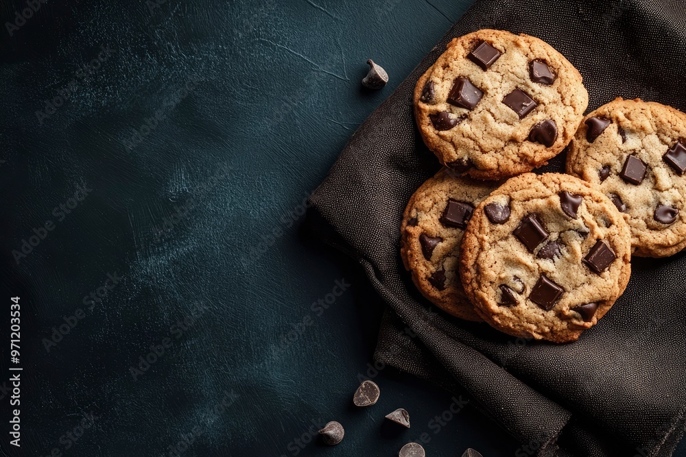 Chocolate chip cookies on a dark background. Freshly baked cookies with chocolate chips on top with generative ai Chocolate chip cookies on a dark background. Freshly baked cookies with chocolate chips on top with generative ai