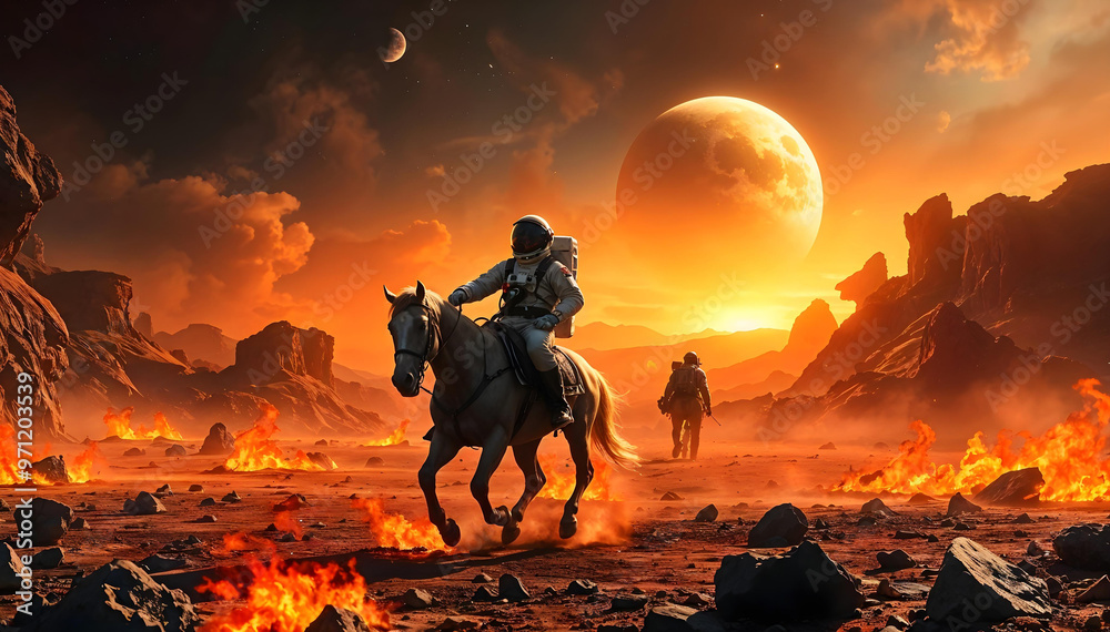 Fototapeta premium Astronaut Riding a Horse Through a Fiery Alien Landscape with Two Moons