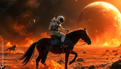 Astronaut Riding a Black Horse Through a Fiery Alien Landscape with Two Moons