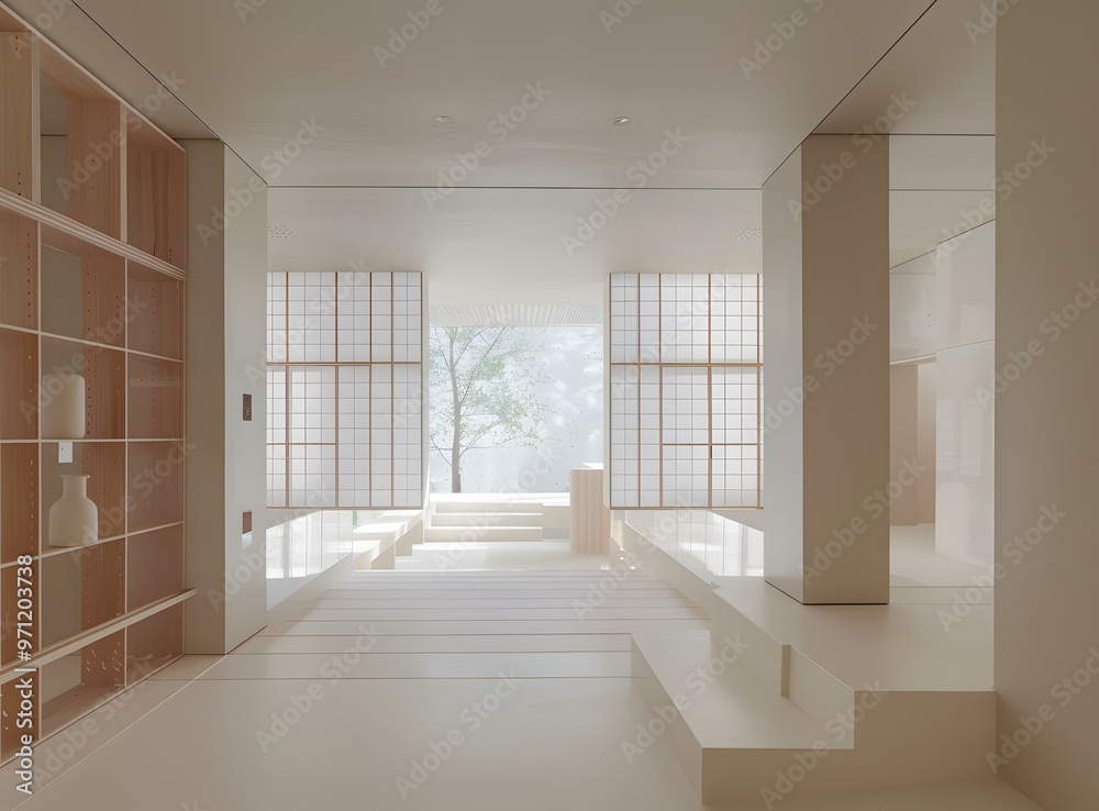 Obraz premium Minimalist Interior Design With White Walls And Wooden Shelves