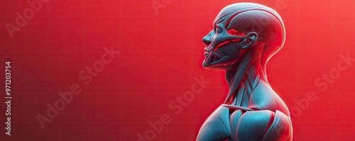 A detailed anatomical model illustrating human anatomy against a vibrant red background.
