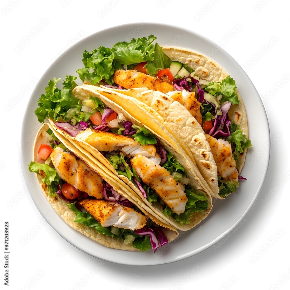 Delicious grilled fish tacos with fresh vegetables and greens on a plate Delicious grilled fish tacos with fresh vegetables and greens on a plate