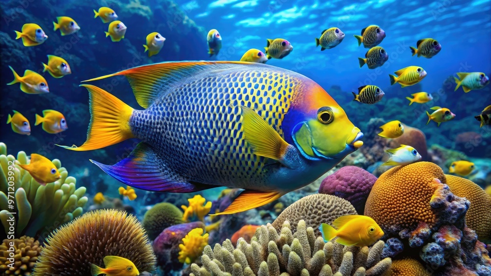Vibrant sea angel fish with iridescent blue and yellow scales swim amidst coral reef, surrounded by schools of small tropical fish in crystal-clear water. Vibrant sea angel fish with iridescent blue and yellow scales swim amidst coral reef, surrounded by schools of small tropical fish in crystal-clear water.
