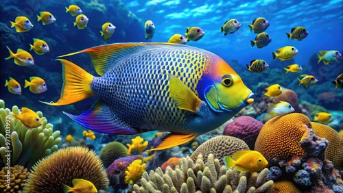 Vibrant sea angel fish with iridescent blue and yellow scales swim amidst coral reef, surrounded by schools of small tropical fish in crystal-clear water. photo