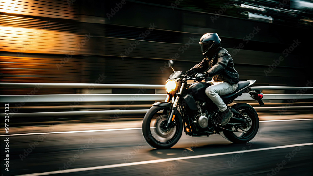 Motorcycle speed safely on the city highway road, motorcycling, and high-speed action.
