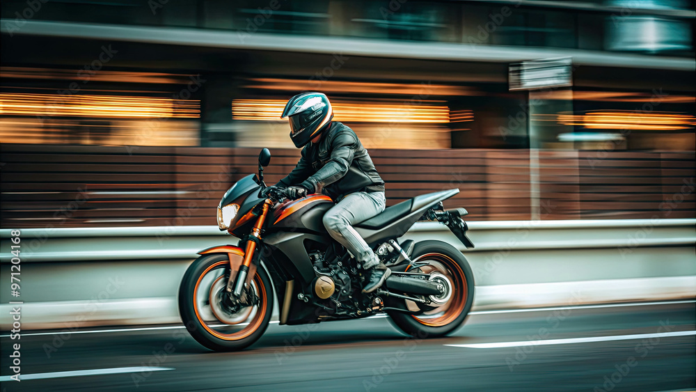 Fototapeta premium Motorcycle speed safely on the city highway road, motorcycling, and high-speed action.